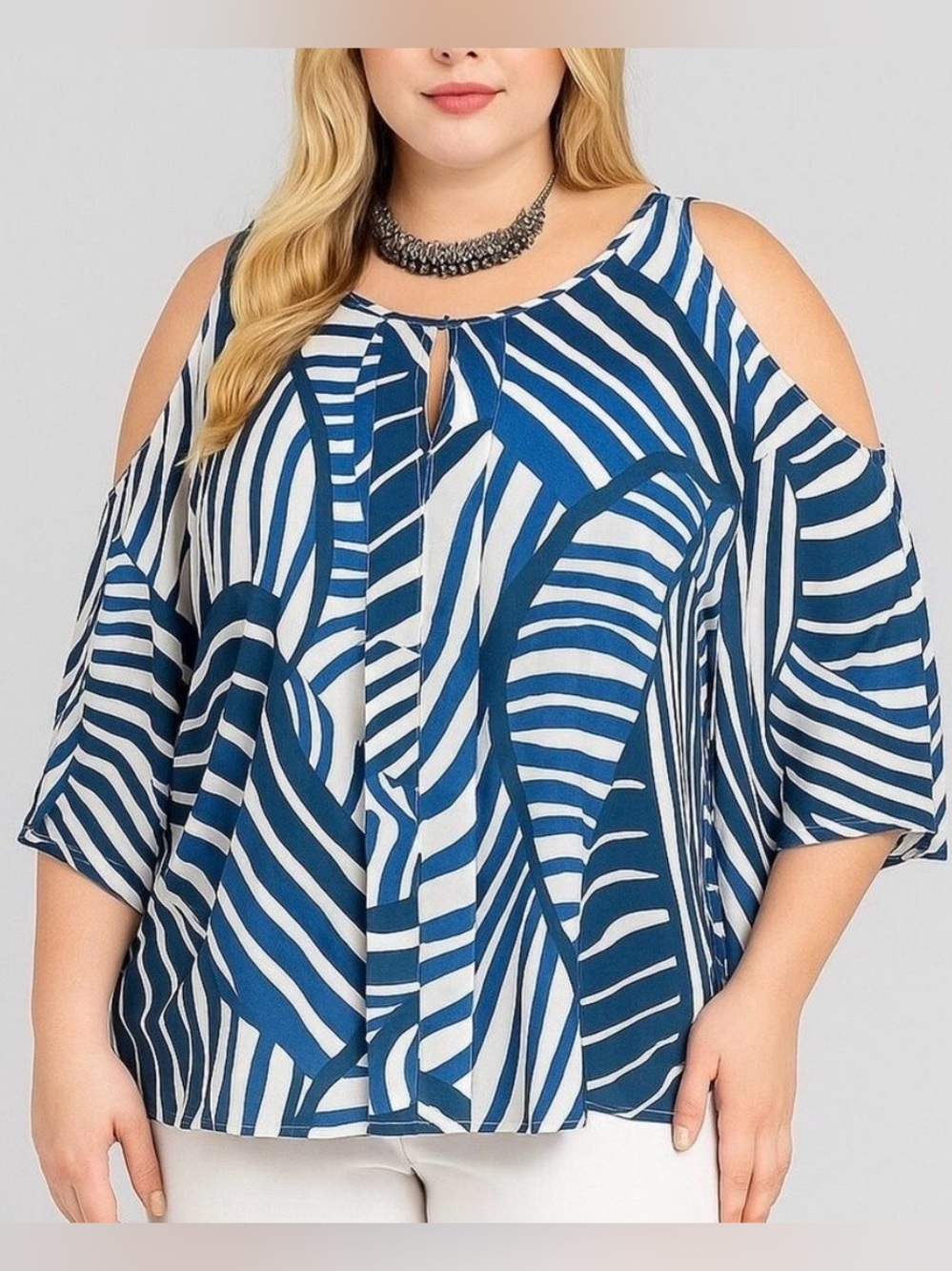GRACE Blue White Striped Cold Shoulder Blouse Plus Size XL